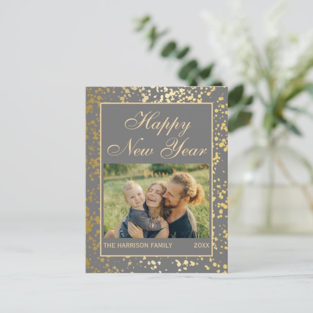 Shiny Gold Glitzer New Year Foto Dunkelgrau Postkarte (Stehend Vorderseite)