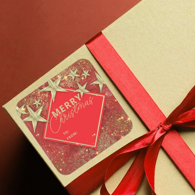 Shiny Gold Stars und Lights Roter Glitzer Weihnach Quadratischer Aufkleber (Von Creator hochgeladen)