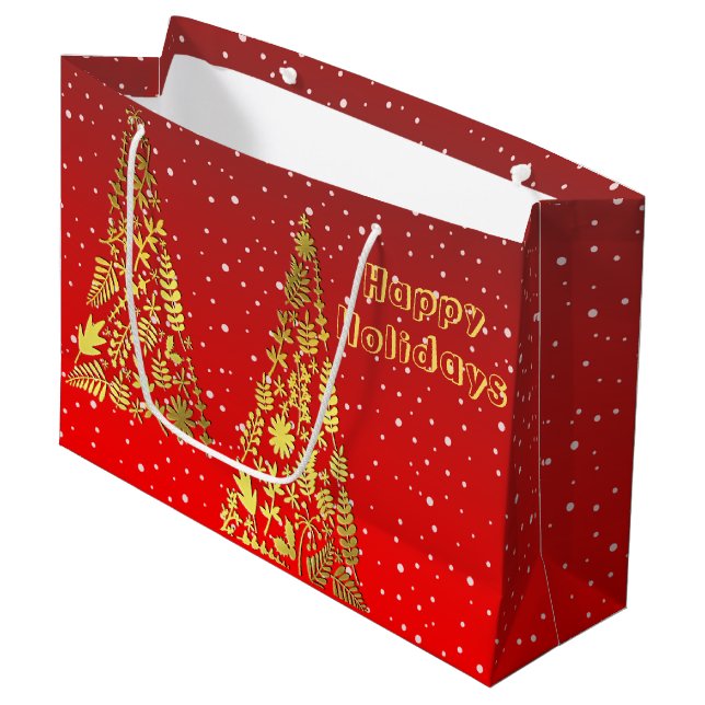 Shiny Golden Christmas Trees Holiday Gift Bag Große Geschenktüte (Vorderseite Schrägansicht)