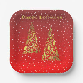 Shiny Golden Christmas Trees Holiday Paper Plate Pappteller
