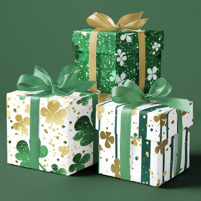 Shiny Green und Gold Kleeblatt Festivals Set 3 Geschenkpapier Set (Shiny Green and Gold Shamrock Festive set of 3 Wrapping Paper Sheets)