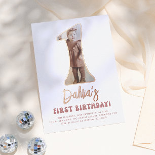 Shiny Groovy One Retro Pink Foto 1. Geburtstag Folieneinladung