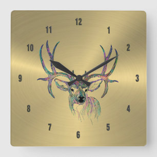 Shiny Imitate Gold & Colorful Deer Illustration Quadratische Wanduhr