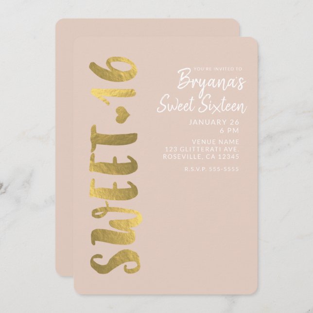 Shiny Imitate Gold Foil Beige Sweet 16 Sechzehn Pa Einladung (Vorne/Hinten)