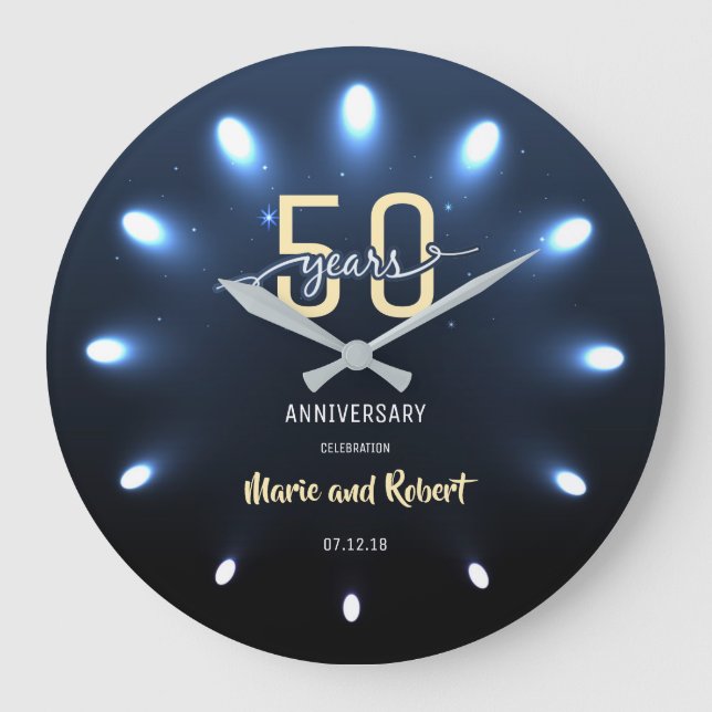 Shiny Lights 50 Years Wedding Anniversary Clock Große Wanduhr (Vorderseite)