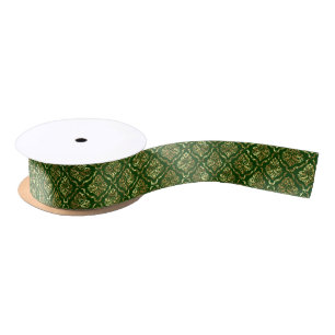 Shiny Looking Gold Floral Damask auf Green Satinband