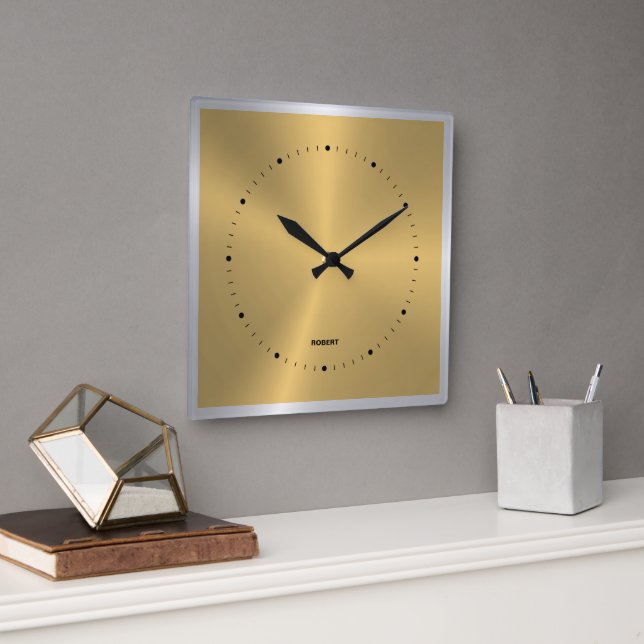 Shiny Metallic Gold Silve Accent Square Wall Clock Quadratische Wanduhr (Büro)