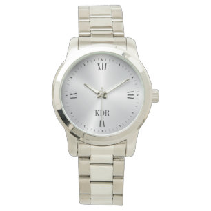 Shiny Metallic Silver Roman Numerals Monogram Armbanduhr