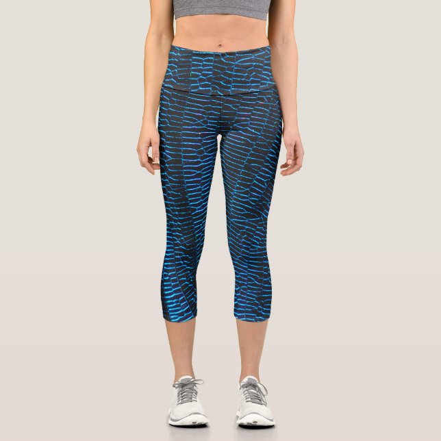 Shiny metallisches, leuchtend neonblaues abstrakte capri leggings (Vorderseite)
