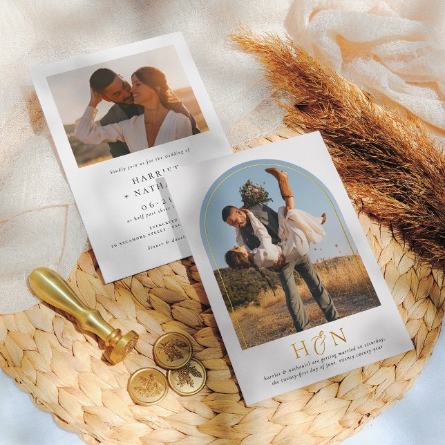 Shiny Minimal Initials Boho Arch 2 Foto Hochzeit Folieneinladung (Von Creator hochgeladen)