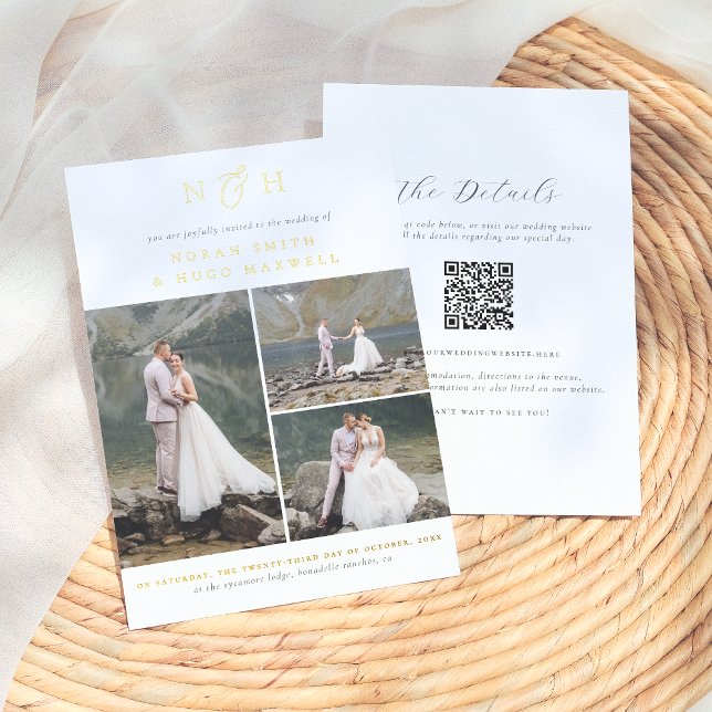 Shiny Monogram QR Code 3 Foto Collage Wedding Folieneinladung (Von Creator hochgeladen)