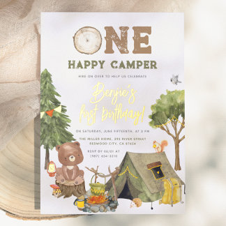 Shiny One Happy Camper Wood Bear Boy 1. Geburtstag Folieneinladung
