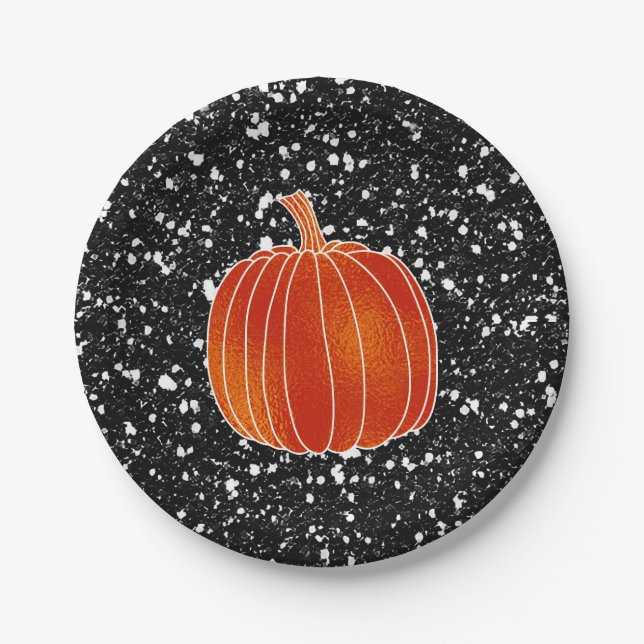 Shiny Orange Autumn Pumpkin Black Glitzer Party Pappteller (Vorderseite)