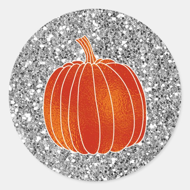 Shiny Orange Autumn Pumpkin Silver Glitzer Bevorzu Runder Aufkleber (Vorderseite)