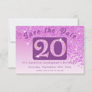 Shiny Pink Glitzer zum 20. Geburtstag Save The Date