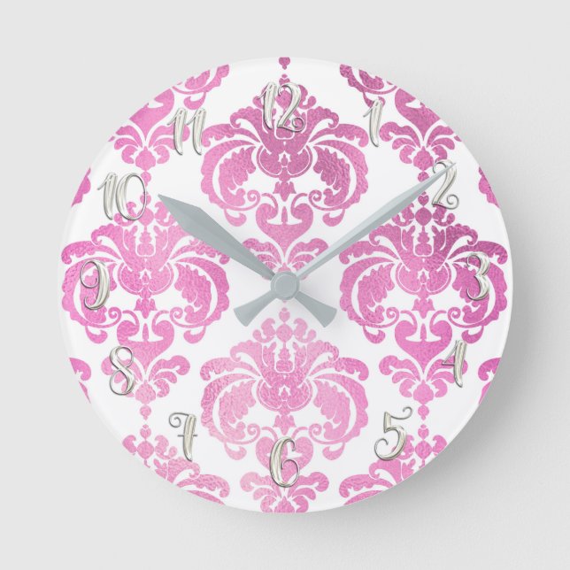 Shiny Pink & White Damask Modernes Personalisiert Runde Wanduhr (Vorderseite)