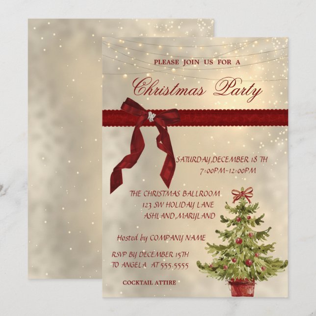 Shiny, Red Bow, Tree Corporate Christmas Party Einladung (Vorne/Hinten)