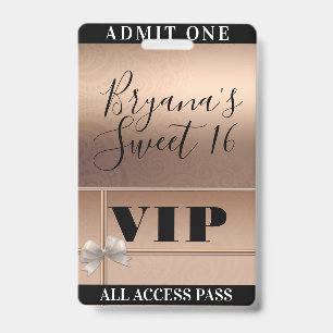 Shiny Rose Gold & Bow Sweet 16 Party VIP Pass Ausweis