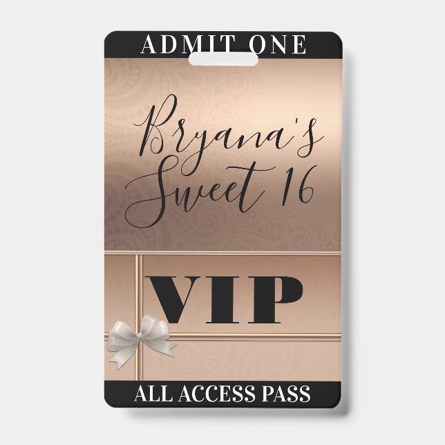 Shiny Rose Gold & Bow Sweet 16 Party VIP Pass Ausweis (Vorderseite)