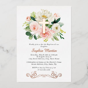 Shiny Rose Gold Cross Floral Girl Pink Taufe Folieneinladung