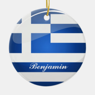 Shiny Round Greece Flag Keramik Ornament