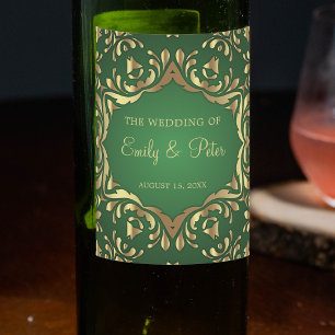 Shiny Royal Imitats Gold Ornamente auf Smaragdgrün Weinetikett