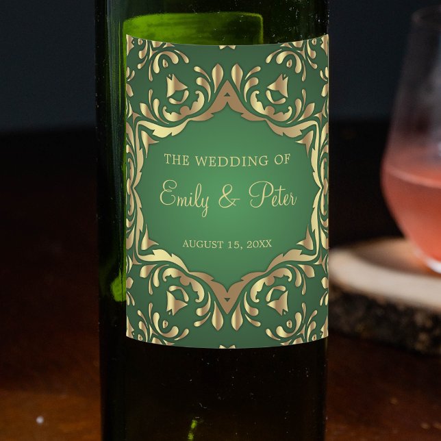 Shiny Royal Imitats Gold Ornamente auf Smaragdgrün Weinetikett (Von Creator hochgeladen)