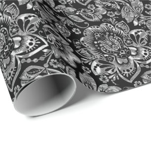 Shiny Silver Barock Floral Damasken auf Weiß Geschenkpapier