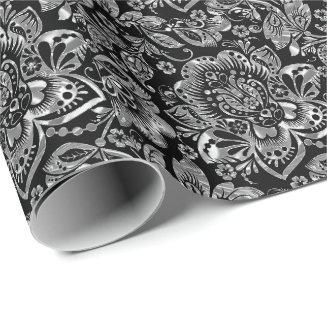 Shiny Silver Barock Floral Damasken auf Weiß Geschenkpapier (Rolleneckpunkt)
