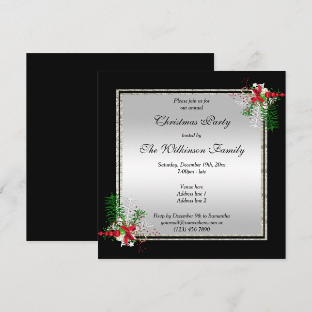 Shiny Silver & Black, Corner Decorations Weihnacht Einladung (Vorne/Hinten)