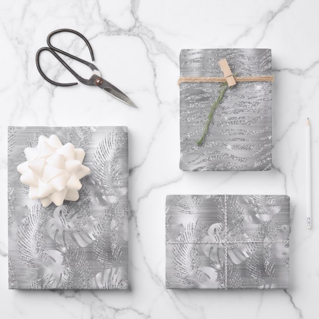 Shiny Silver Glam Animal Print Geschenkpapier Set (Vorderseite)