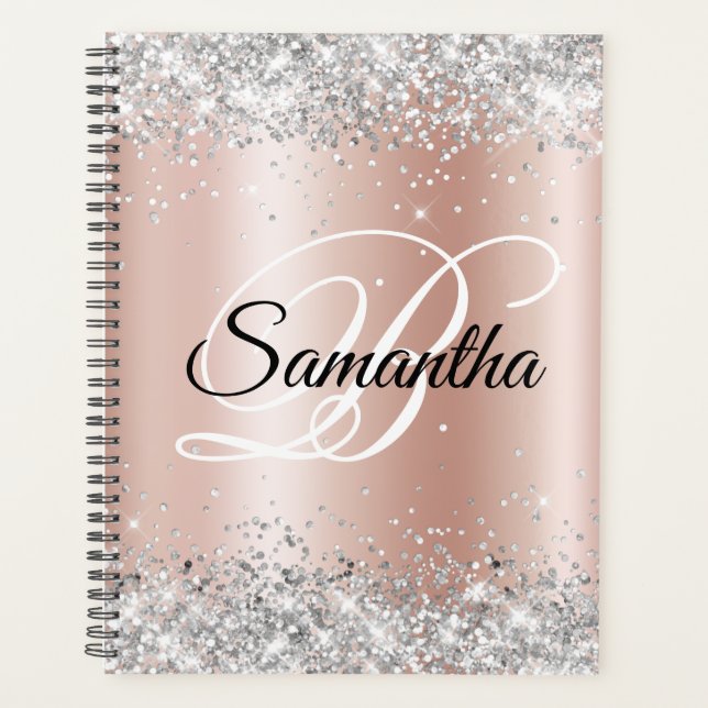 Shiny Silver Glitzer Blale Rose Gold Foil Monogram Planer (Vorderseite)