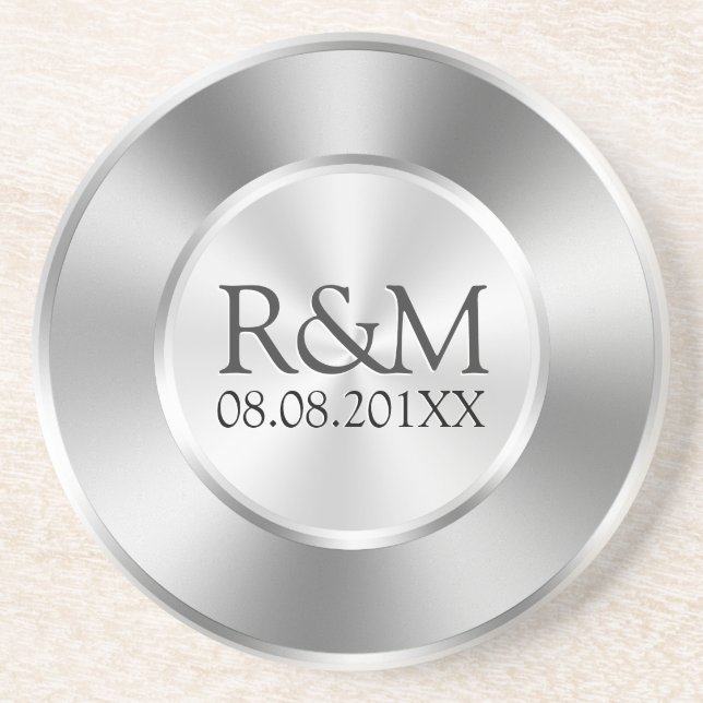 Shiny Silver Gray Stainless Steel Look Monogram Getränkeuntersetzer (Vorne)