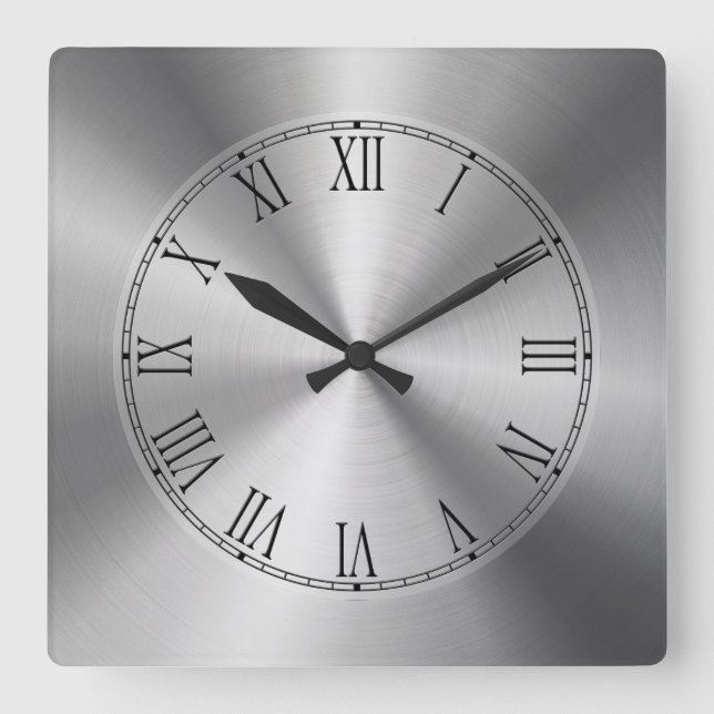 Shiny Silver Metallic Design Stainless Steel Look Quadratische Wanduhr (Vorderseite)