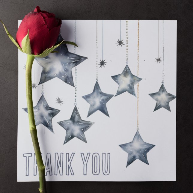 Shiny Silver Stars on Strings Dankeskarte (Hanging silver stars on a customizable thank you card for any occasion. )