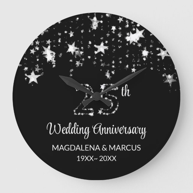 Shiny Silver Stars und Zahlen Große Wanduhr (Vorderseite)