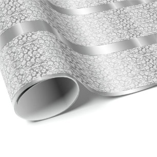Shiny Silver Stripes White Damask Geschenkpapier