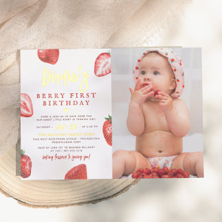 Shiny Strawberry Girl Foto erste Geburtstagsparty Folieneinladung