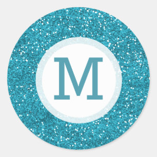 Shiny Turquoise Blue Glitzer Mit Monogramm Runder Aufkleber