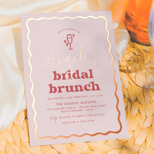 Shiny Wavy Retro Pink & Red Groovy Bridal Brunch Folieneinladung