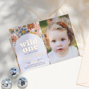 Shiny Wild One Retro Foto 1. Geburtstag Party Folieneinladung
