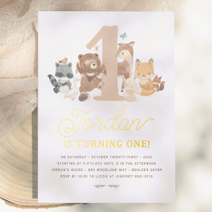 Shiny Woodland Tiere erste Geburtstagsparty Folieneinladung