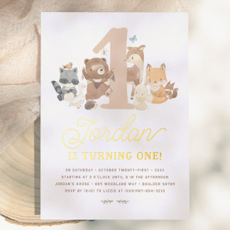 Shiny Woodland Tiere erste Geburtstagsparty Folieneinladung