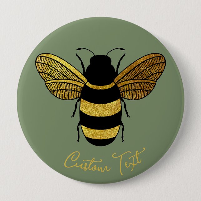 SHINY YELLOW GOLD BLACK BUMBLEBEE CUSTOM TEXT BEE BUTTON (Vorderseite)