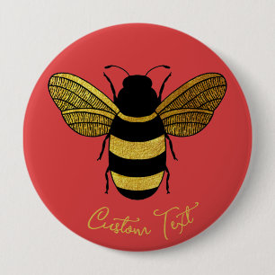 SHINY YELLOW GOLD BLACK BUMBLEBEE CUSTOM TEXT BEE BUTTON