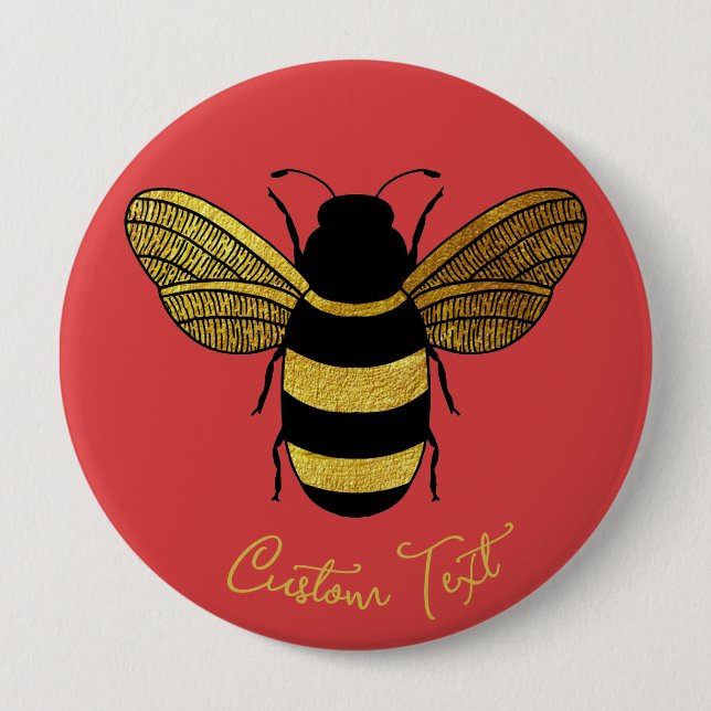 SHINY YELLOW GOLD BLACK BUMBLEBEE CUSTOM TEXT BEE BUTTON (Vorderseite)