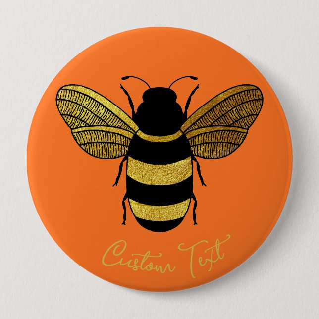 SHINY YELLOW GOLD BLACK BUMBLEBEE CUSTOM TEXT BEE BUTTON (Vorderseite)