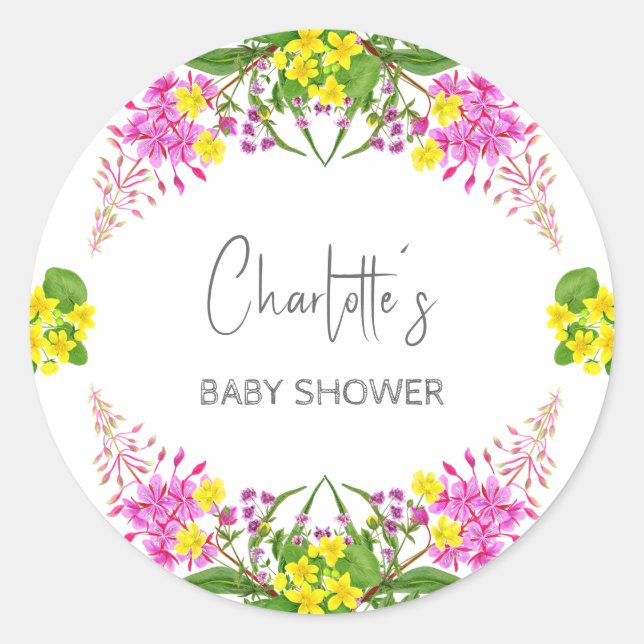 Shiny Yellow Pink Wildblume Script Runder Aufkleber (Vorderseite)