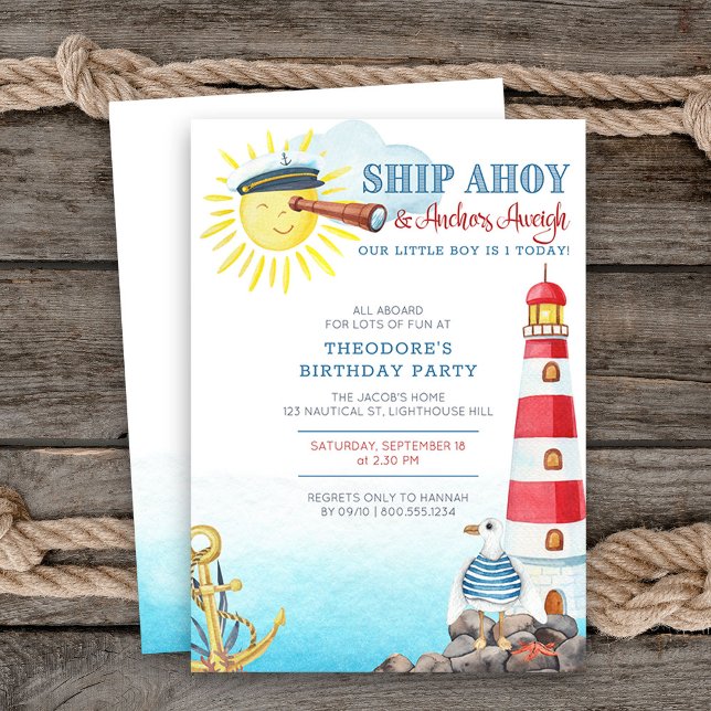 Ship Ahoy Anchors Aweigh Boy's Nautical Birthday Einladung (Nautical themed boys birthday invitation)