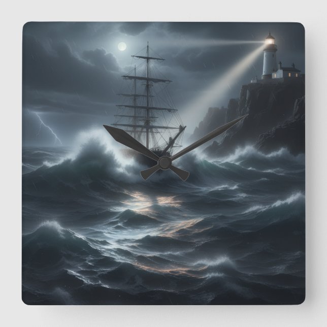 Ship in a storm guided by lighthouse - quadratische wanduhr (Vorderseite)